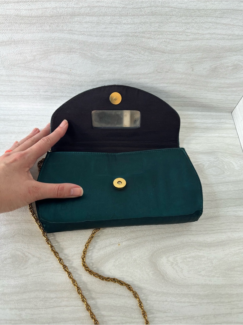Vintage Teal Satin Evening Clutch Purse Gold Chain Strap Formal Shoulder Bag - Picture 4 of 7